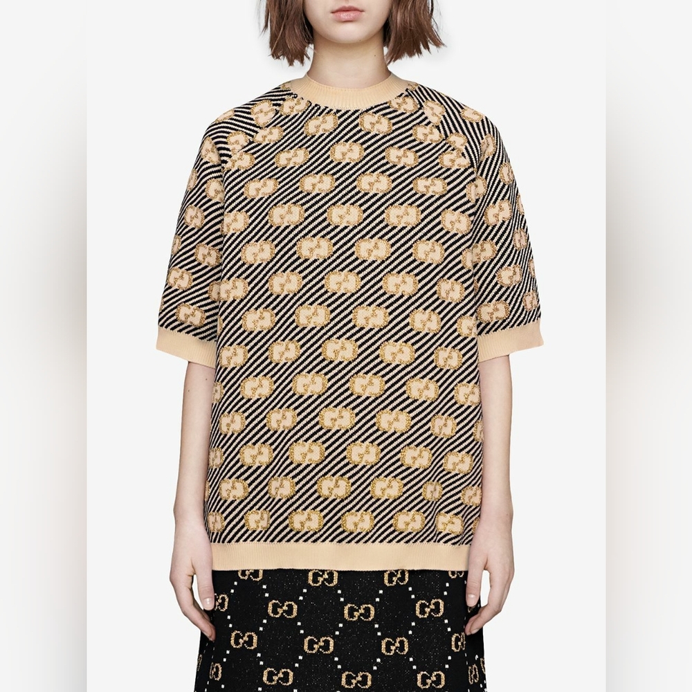 GUCCI GG LOGO METALLIC JACQUARD TOP SWEATER